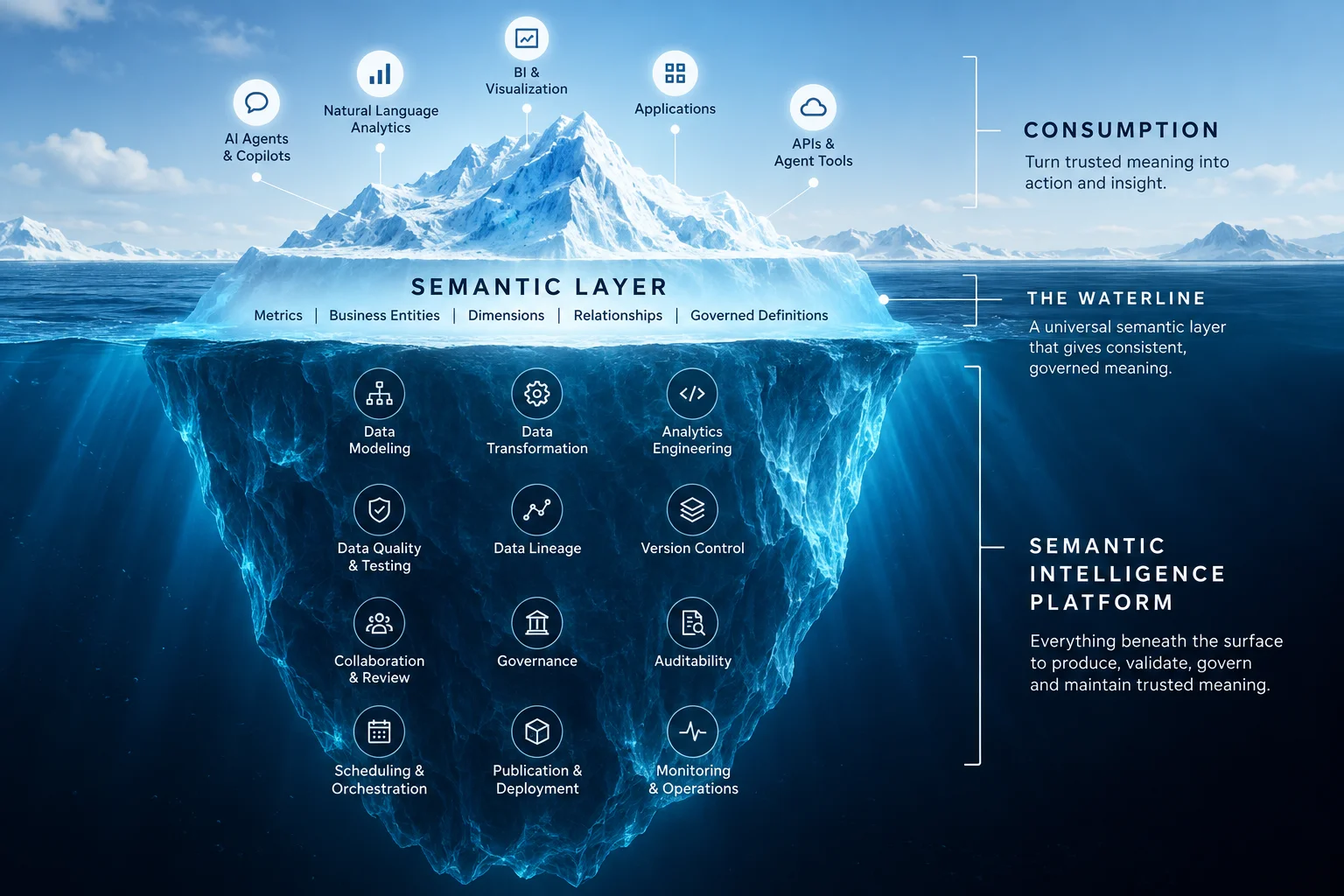 Iceberg diagram of the Semantic Intelligence Platform. Above the water, consumption: AI agents and copilots, natural language analytics, BI and visualization, applications, and APIs and agent tools. At the waterline, the semantic layer: metrics, business entities, dimensions, relationships, and governed definitions. Below the surface: data modeling, data transformation, analytics engineering, data quality and testing, data lineage, version control, collaboration and review, governance, auditability, scheduling and orchestration, publication and deployment, and monitoring and operations.
